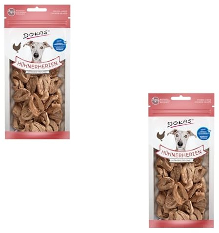 Dokas cœurs de Poulet lyophilisés | Pack Double | 2 x 22 g | Aliment complémentaire pour Chiens | Peut stimuler l'instinct Naturel de Mastication et compléter l'alimentation Quotidienne