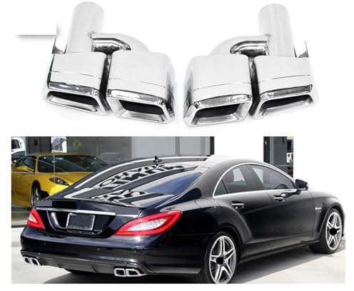 Car Rear Bumper Turbo Muffler Exhaust Tips 4 Exits Black Compatible For Benz C E CLS Class W204 W212 W218 C63 E63 CLS63 Pre-Facelift(R2 Style Silver)