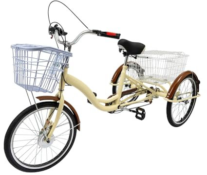20 Zoll 6-Gang Dreirad Für Erwachsene, 3 Rad Fahrrad Dreirad mit Einkaufskorb, Dreirad für Erwachsene und Senioren (Beige)