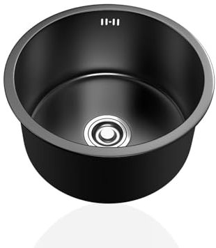 Lavello Cucina 1 Vasca Nero,Lavandino Cucina Piccolo,Lavelli da Cucina Acciaio Inox,Lavabo Rotondo con Set Di Drenaggio,Installazione Appoggio o Sottopiano (Ø 40cm)