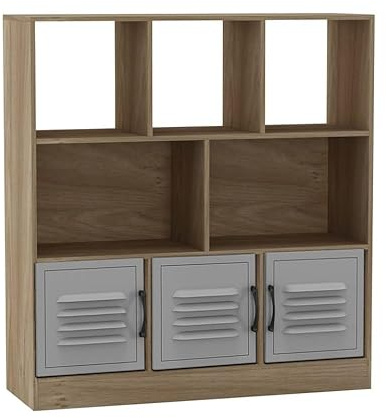 URBNLIVING Estantería asimétrica de roble de 8 cubos, armario de almacenamiento independiente con 3 puertas, puertas de metal, color gris