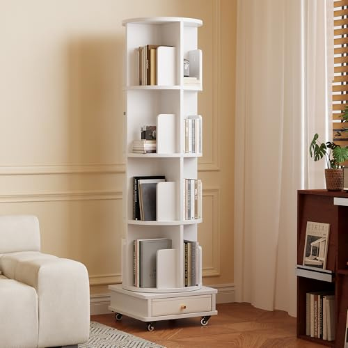 ChromaCasa 4 Tier Rotating Bookshelf 360° Revolving Bookcase with Casters and Drawer, Floor Standing Shelves Space-Saving Storage Organizer for Bedroom Living Room Office