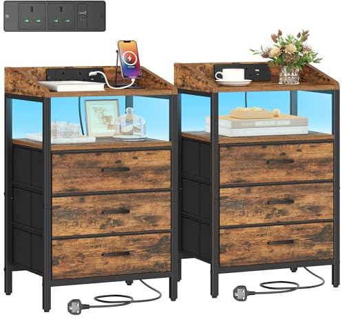 Hzuaneri Bedside Tables Set of 2, Charging Station & LED Light Rustic Brown | Bedside Cabinet with 3 Fabric Storage Drawers and Shelves, Nightstand with USB Ports&TypeC for Bedroom, NS35501BUK