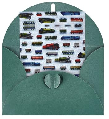 Cartes de vœux vert foncé avec enveloppes - Cartes vierges imprimées de voitures de train, parfaites pour anniversaire, mariage, anniversaire de mariage