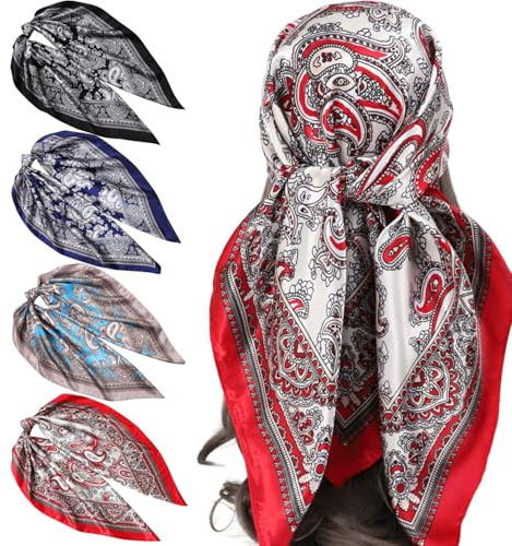 Issimober 4 Pack 35 Head Hair Scarf for Women Like Silk Satin Large Square Printed Bandanas Headscarf Squares Hair Towel Tie Scarf Neck Scarves Hair Wrap