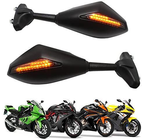 MISS MOLY Specchietto Retrovisore per Moto con Indicatore di Direzione a LED Indicatore di Freccia Per CBR GSXR YZF(Nero Opaco + Lente Fumo)