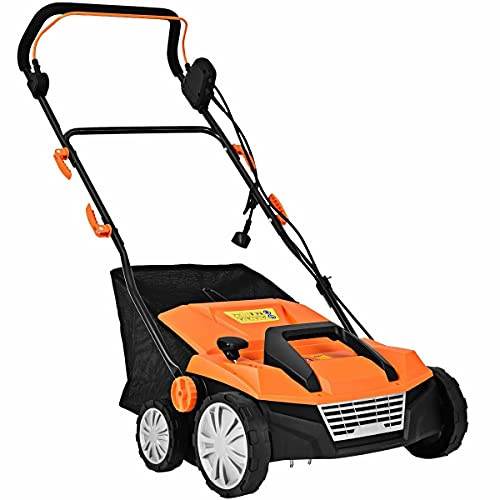 Orange 15 13Amp 2-in-1 Function Corded Electric Scarifier Lawn Dethatcher Walk-Behind Lawn Mowers Electric Weeder with 50L Collection Bag 2 Blades 4 Adjustable Position Foldable Design