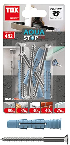 TOX Aqua Stop Pro, taco de anclaje universal 8/50 para fijaciones en paredes y suelos alicatados, de plástico especial HDPE, con tornillo 6x70 mm, 014771021