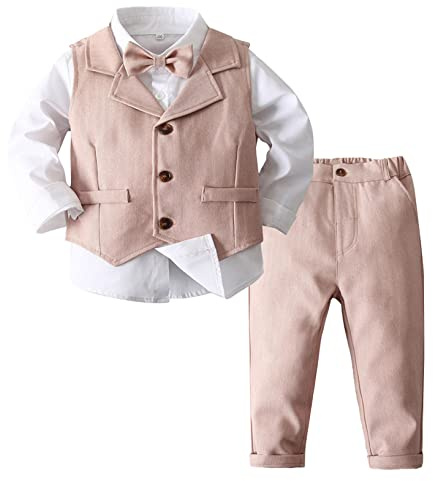 YEAHDOR 4PCs Set di Abbigliamento per Bambino Ragazzi Camicia a Manica Lunga + Pantaloni + Cravatta a Farfalla e Gilet Abiti da Cerimonia Smoking Sposa Rosa 4-5 Anni