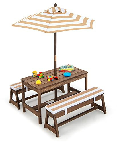 RELAX4LIFE Tavolo da Picnic con Panchine e Ombrellone per Bambini, Tavolo con Sedie a 4 Posti (Modello 10)