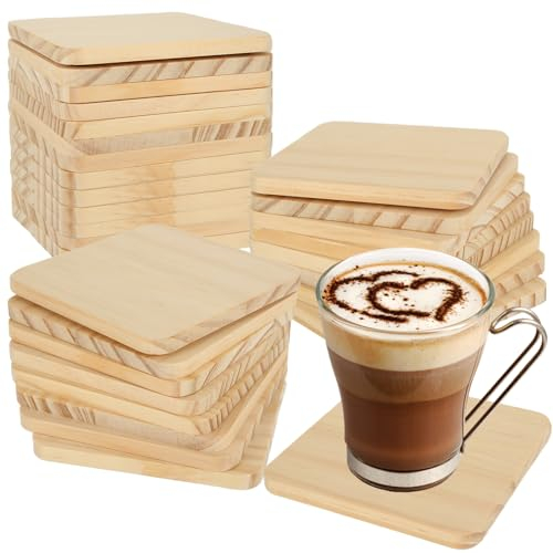 MIVIDE 30PCS Wood Coasters, 10cm Blank Wooden Coasters Bulk, Unfinished Wooden Squares Coaster for Drinks, Crafts, Engraving, DIY Painting