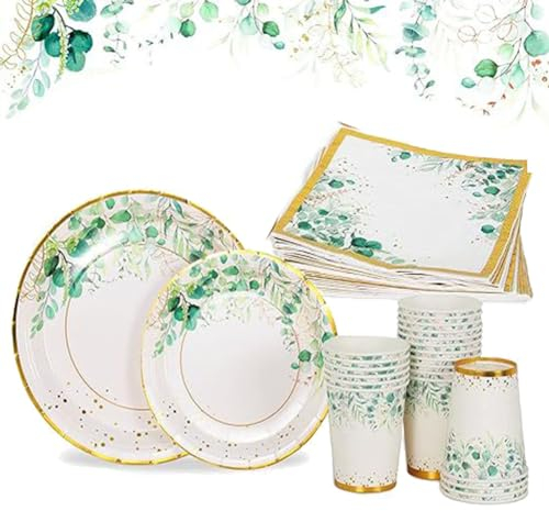 96 Stück Grün Partygeschirr Set,Pappteller Geburtstag 24,Salbeigrün Pappteller Geburtstag mit Papier Teller Becher Servietten für Geburtstagsparty Dekoration,Jungle Safari Party Deko