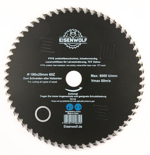 180x20 mm Sägeblatt, Kreissägeblatt für Holz mit 60 gekippten TCT-Zähnen, PTFE Antihaftbeschichtung und Laser-Cuts für Lärmminderung