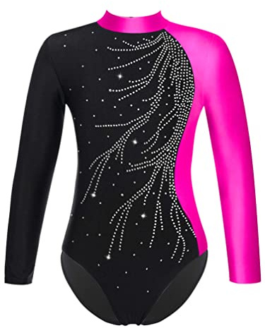 iiniim Leotardo Gimnasia para Niña Manga Larga Maillot de Ballet Danza con Pedrería Brillante Body de Patinaje Artístico Traje de Bailarina Competición A Rosa Oscuro 15-16 años