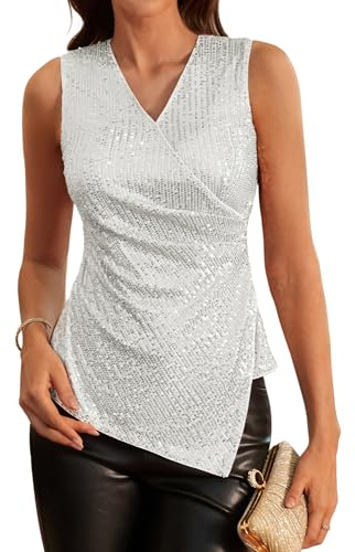 GRACE KARIN Women Sequin Tops Glitter Blouse V-Neck Wrap Top Party Summer Shirts Wedding M Silver-1
