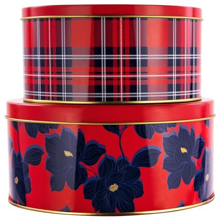 Draper James Cookie Tin Set for Treat Exchange and Gifting, Set of 2 Nesting Metal Boxes, Angie Plaid