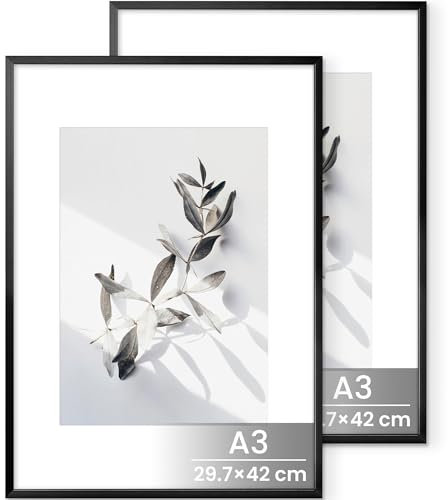 Lot de 2 cadres photo A3 en aluminium, noirs, format A3, pour photos de 29,7 x 42 cm sans passe-partout ou photos de 20 x 28,7 cm, avec passe-partout, en métal, avec verre trempé, pour art mural