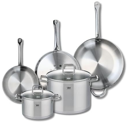 ELO 9512250 Batterie de cuisine 5 pièces, Ensemble de 3 Poêles de cuisson 24, 28 et 32 cm et 2 faitouts 20 et 26 cm Elo Profi Citrin, inox, induction