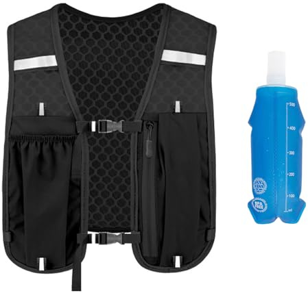 starfa lab Running Vest for Men Women, Lightweight & Breathable Running Vest Pack Reflective Multi-pocket Adjustable Strap with 500ml Soft Water Bottle for Marathon Trail Hiking Cycling Climbing
