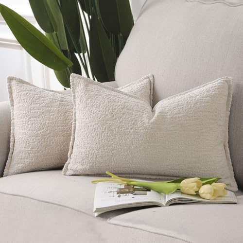 Madizz Juego de 2 Suave Chenilla Decorativo Funda de cojíns de Terciopelo con Borde Neutras Fundas de Almohada Boho para Sofá Dormitorio Salón Beige Claro Rectangular 30 x 50 cm