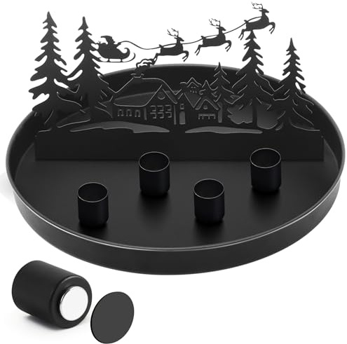 Magnetljusbricka för stavljus, modern adventskrans, 25 cm rund med 4 magnetiska metallljusstativ, jul stavljushållare, adventskrans, bricka, fest, ljusstativ, svart