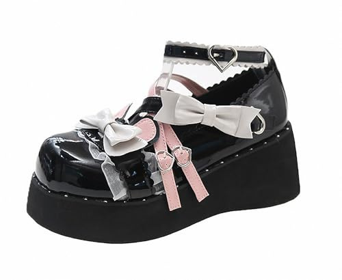 FQLGJMY Femmes Lolita Mary Jane Chaussures Goth Bout Rond Chunky Plateforme Talon Dentelle Coloré Punk Rock Doux Kawaii avec JK Bulle Princesse Robe Demin Cuir Jupe Jeans