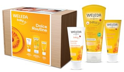 Weleda Kit Baby Dolce Routine, rituale di coccole per la pelle delicata dei più piccoli, contiente Babywash Calendula 200 ml, Crema Protettiva Calendula 75 ml, Crema corpo Calendula 50 ml
