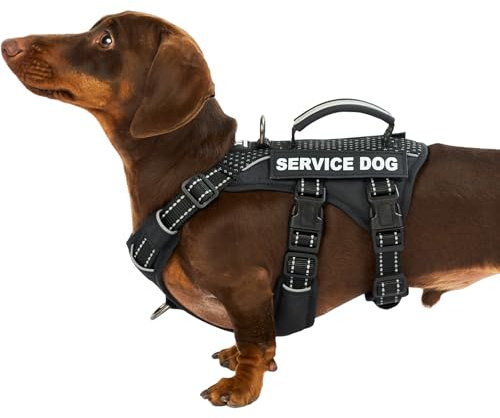 Huntboo Arnes Perro Pequeño de Servicio con 6 Parches, Arnes Antiescape Perro con Asa, Arnés Antitirones para Perros, Chaleco Reflectante Ajustable, Paseo Y Actividades Al Aire Libre (Negro,S)