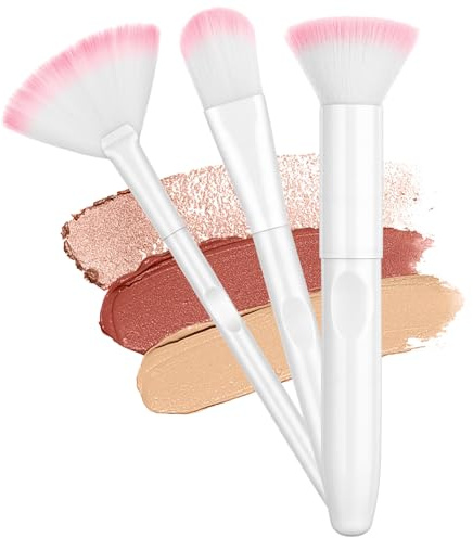 LOPHE Brochas de Maquillaje Profesional, 3 Piezas Set Brochas Maquillaje, Pinceles Herramientas para Base, Rubor y Iluminador, Cerdas Suaves y Durabilidad, Elementos Esenciales Diarios (Blanco)