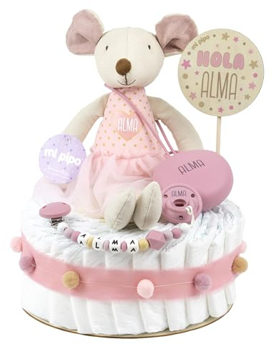 Mi Pipo - Tarta de Pañales Personalizada con Muñeco - Ratoncita Rosa | 28 Pañales de Talla 2 | Regalo Bebé Recién Nacido con Accesorios para Bebé | Baby Shower Unisex