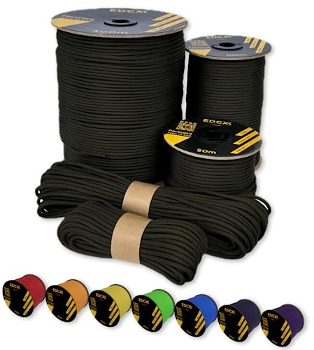 EdcX Paracord 4 mm, 35+ Volltonfarben (10 m, 15 m, 30 m, 50 m, 100 m, 300 m) | Ideal zum Basteln, Camping, Outdoor | 100% Nylonseil 4 mm| Paracord 550 Typ III (Army Green, 100 m)