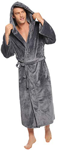 Vlazom Vestaglia Uomo Invernale Pile,Vestaglia Lunga Uomo Invernale con Cappuccio Vestaglia da Notte Uomo In Morbido Pile,S,B-Grigio scuro