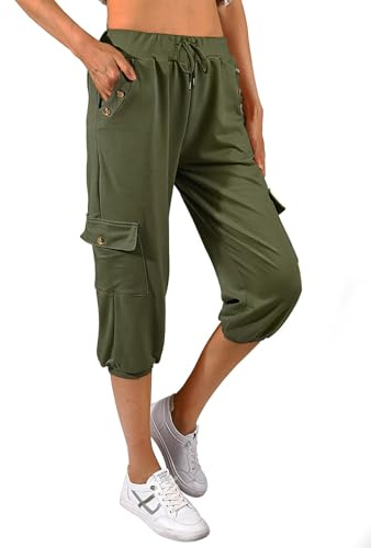 TOMEEK Pantalones Pirata para Mujer de Verano Pantalones Mujer 3/4 Sueltos con Cuatro Bolsillos Deportivos Pantalone de Chándal de Yoga Jogger Fitness, Ejercito Verde, Talla XL