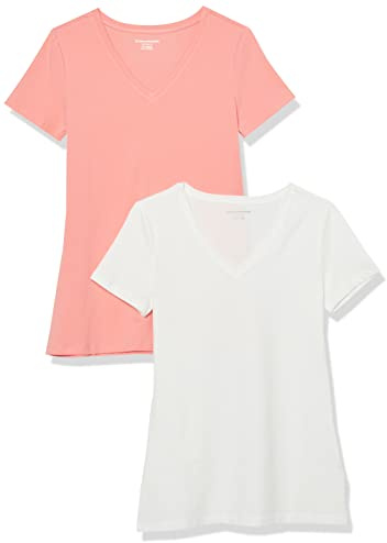 Amazon Essentials T-Shirt Col en V, à Manches Courtes, Coupe Standard Femme, Lot de 2, Pêche/Blanc, L