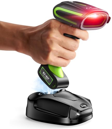 Eyoyo 2D QR Industrial Barcode Scanner with Wireless Charging Stand, Rugged Heavy Duty & IP65 Waterproof 3-in-1 Bluetooth & Wireless & USB Hands-Free Barcode Reader for Laptop Desktop Tablet Android
