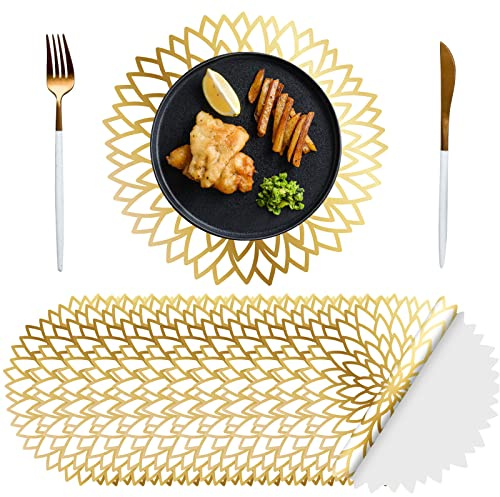 Sinmoe 100 Pack Disposable Paper Placemats Bulk 13 Inch Paper Charger Place Mat Party Charger Plates Table Place Mats for Dinner Wedding Birthday Baby Shower Spring Dining Tableware(Golden Print)
