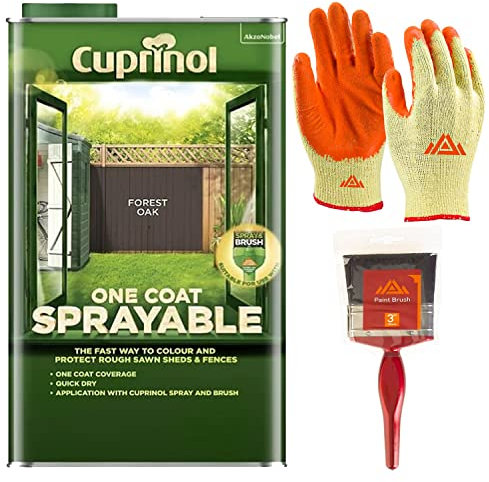 Perfectonish One Coat Sprayable Fence and Shed Paint 5-litres Exterior Wood Paint Low Odour Formula Garden Fence Paint with 3” Paint Brush and Protective Gloves (Forest Oak)
