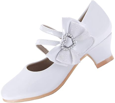 EIGHT KM® Girls Low Heel Dress Shoes Mary Jane Wedding Party Pump Princess Shoes EKM7035 Patent Leather Pearl Heart Glitter BowWhite UK Toddler Size 6