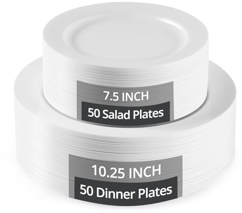 TENYANSEN 100PCS White Plastic Plates for Party, Heavy Duty Disposable Plates - 10.25inch Dinner Plates and 7.5inch Appetizer/Dessert/Salad Plates for Premium Elegant Parties, Wedding, Birthday