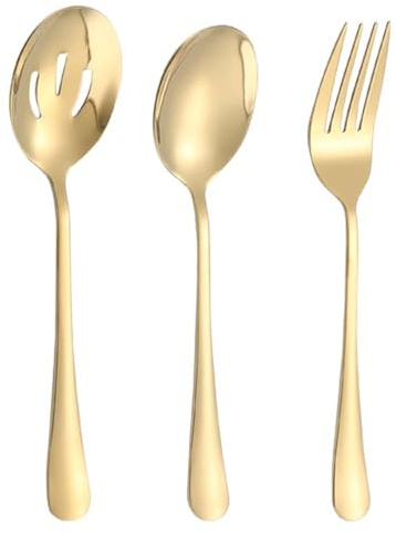 3 Packs Serving Spoons and Fork Set Slotted & Standard Serving Spoon Stainless Steel Salad Serving Spoons and Fork for Buffet Party Banquet Cooking Kitchen Golden