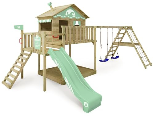 WICKEY Wooden climbing frame Smart Ocean with swing set & slide, Outdoor kids playhouse with sandpit, climbing ladder & play-accessories for the garden - green pastel