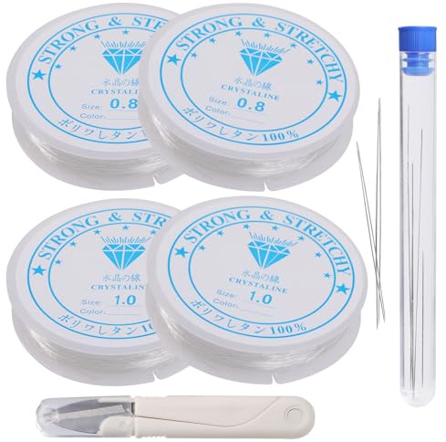 Joogee Lot de 4 rouleaux de cordon élastique pour bracelets (2 x 0,8 mm, 2 x 1 mm), cordon extensible pour la fabrication de bijoux et de bracelets, avec aiguilles à perles