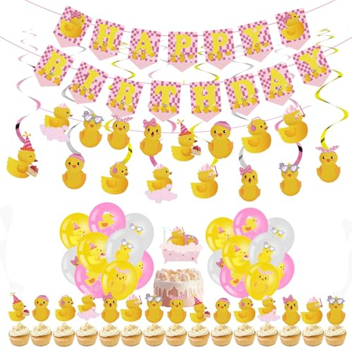 77 piezas de decoración de fiesta de pato rosa. Accesorios lindos para fiesta de cumpleaños de pato. Incluyen bandera colgante, remolinos colgantes, globos de látex, adornos para cupcakes para fiesta