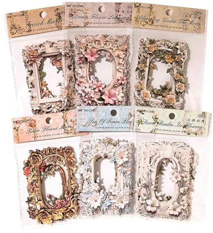 Ruuizksa 60 Fogli di Carta Decorativa per Album con Sfondo retrò, Cornice in Pizzo con Fiori in Rilievo Cornice Floreale in Rilievo in Carta Vintage