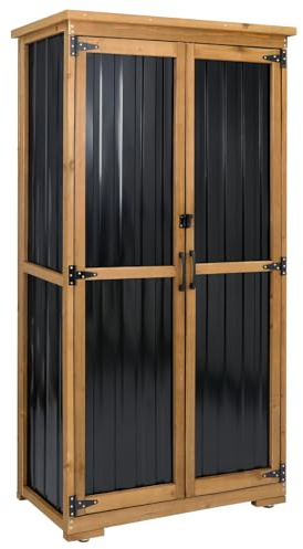 Ketive Outdoor Storage Cabinet, Tall Tool Garden Cabinet with Weather-Resistant Roof, Double Lockable Doors, 3 Removable Shelves & Adjustable Feet, for Patio, Garden, Backyard, 32 x 15.5 x 66