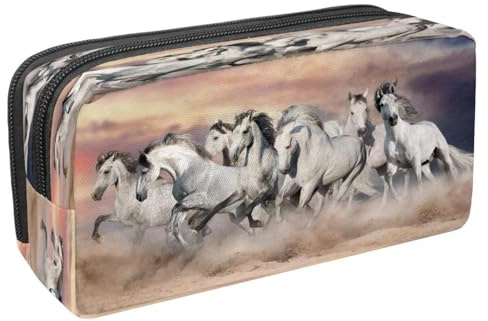 VAPOKF Trousse à crayons avec fermeture éclair pour garçons et filles, fournitures scolaires et de bureau, football volant à travers les fissures du mur, Course de chevaux blancs dans le désert,