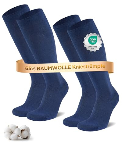 Niofind Calcetines de Compresión Mujer y Hombre, 2 Pares, 65% Algodón | Hasta la rodilla, con puño ancho, puntera sin costuras y refuerzos en talón y puntera; para viajes, deporte y trabajo