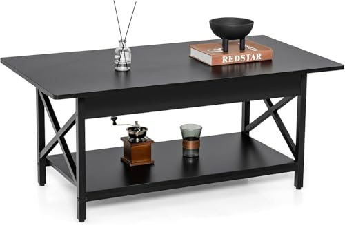 GOPLUS Mesa Baja de 2 Niveles Industrial con Patas Ajustables, Mesa de Centro Rectangular con Marco Metálico, Mesas de Café para Salón, Dormitorio, Oficina, 110 x 60 x 48 cm (Negro)