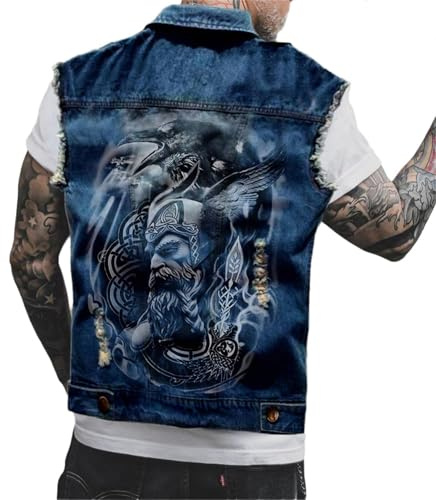 Edelaura Veste en Jean Sans Manches Hommes Imprimé Tête de Mort Style Biker Punk Vintage Denim Boutons Métalliques Outdoor Loisirs Vêtement de Travail