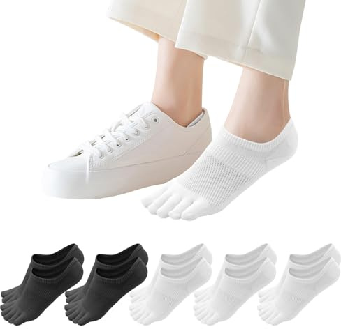 Soleeya 5 Pares Calcetines Tobilleros Mujer Algodon de Deporte Dedos Talla 35-38, Transpirables Antideslizantes Calcetines Invisibles de Barco con Dedos Cortos Verano Mujer (A)